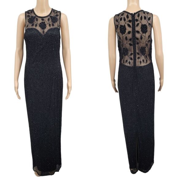 Brilliante Vintage Silk Column Black Dress Beaded Formal Illusion Neck and Back - Picture 1 of 16